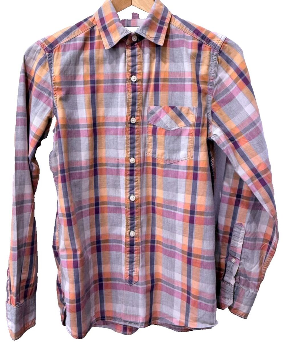 Gap Long-Sleeve Slim Fit Orange LIght Blue Plaid Dress Shirt Men's XS